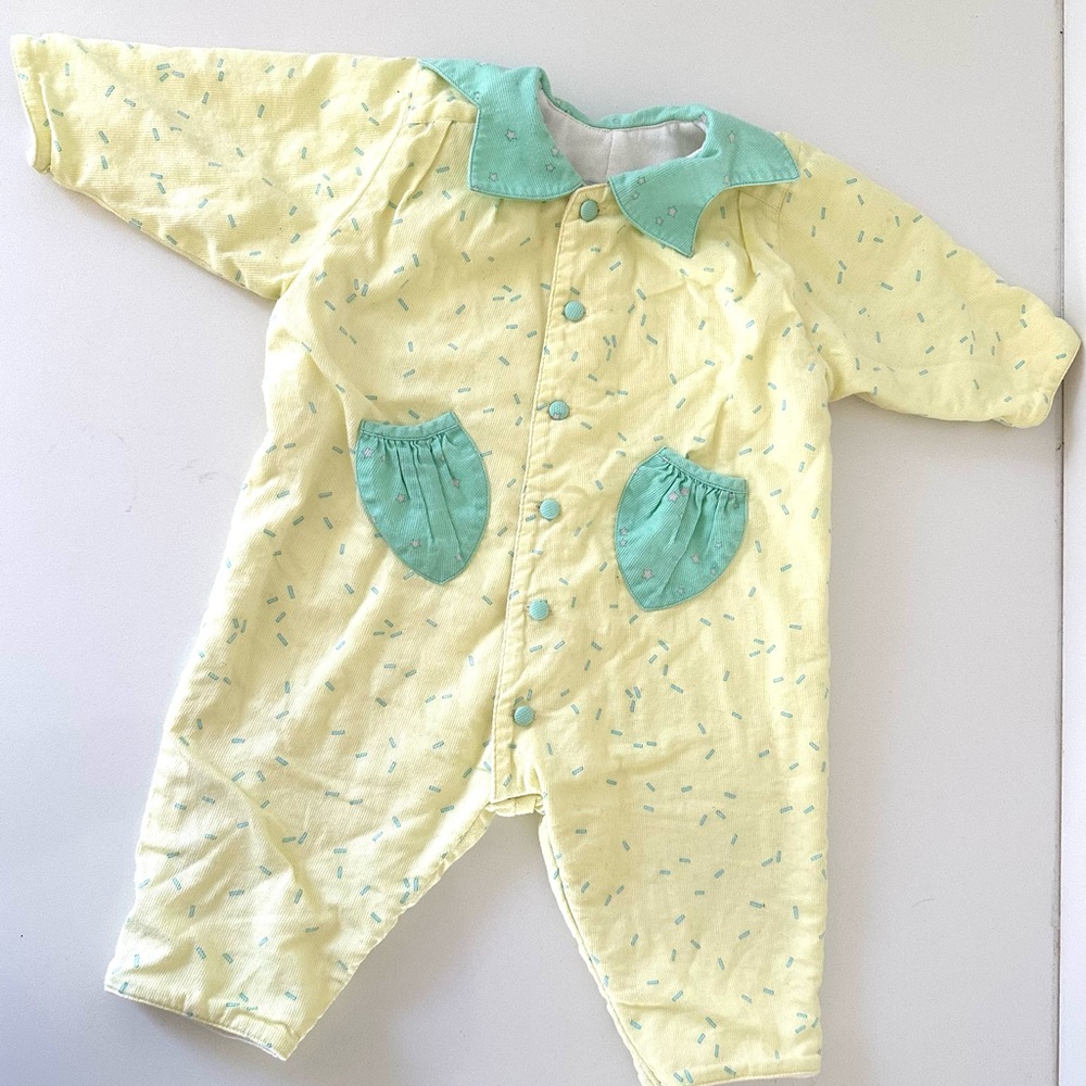 Vintage baby mini pastel Yellow and Green outfit with pockets